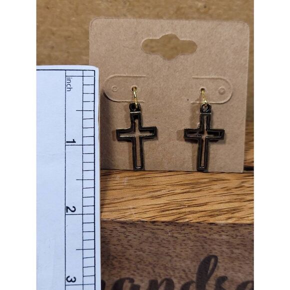 (3 for $15) JoMa Antiqued Gold Cross Dangle Earrings- NEW - Picture 3 of 4